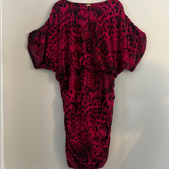 Thalia Sodi Vibrant Red and Black Animal Print Ruched Midi Dress Size L - Picture 2 of 13